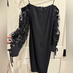 Size 2 Badgley Mischka Beaded Sleeve Off-The Shoulder Black Cocktail Dress .